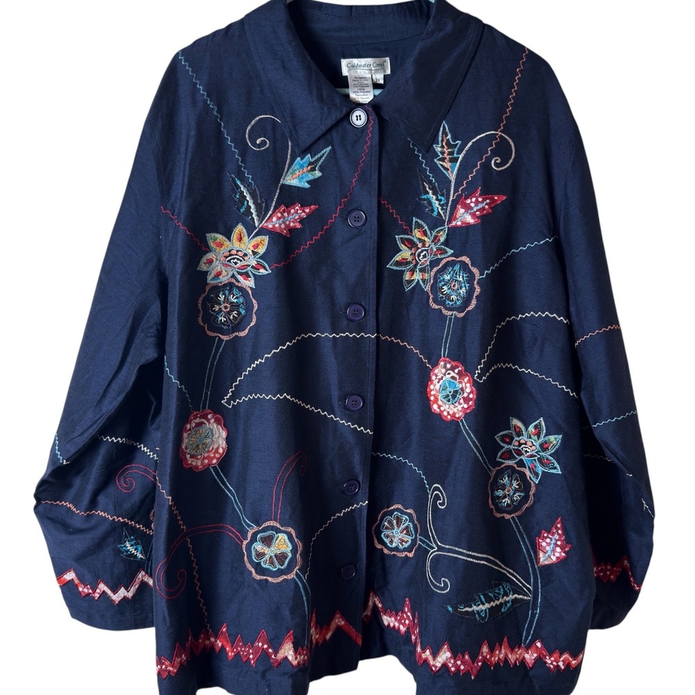 NWT Coldwater Creek Embroidered Lined Jacket Navy Blue Floral 3X Boho Artsy